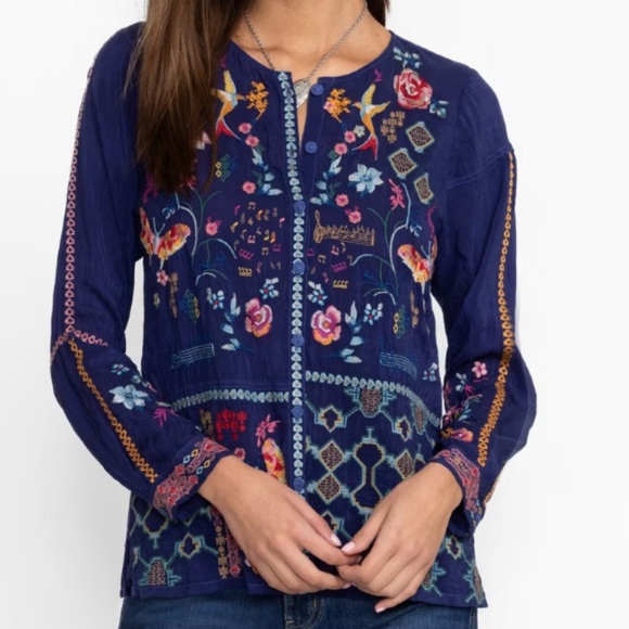 New Johnny Was Navy Floral Embroidered Button Front Blouse size XL - Picture 2 of 12